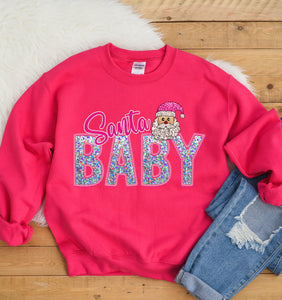 Faux Sequin Santa Baby Tee or Crew